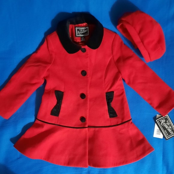 NWT Rothschild Tailored Velvet Bow Faux wool Coat & Beret red Sz 5/6 Gir… - Picture 1 of 2
